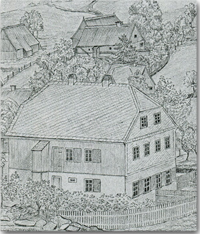 Eine Handzeichnung beschreibt das spätere Verlegerhaus von Wendt und Kühn in einer Rückansicht (um 1830)