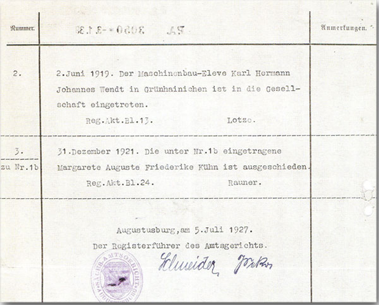 Beglaubigungsschreiben - Johannes Wendt tritt 1919 als Gesellschafter der jungen Firma Wendt und Kühn bei